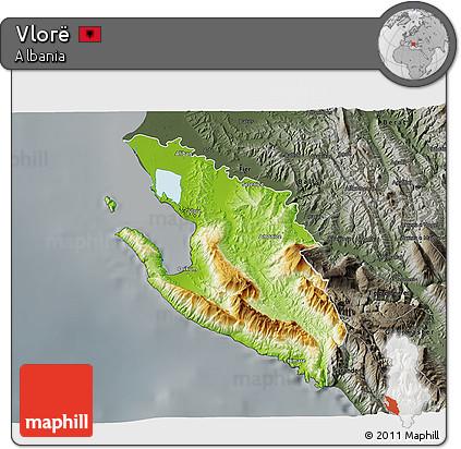 Physical 3D Map of Vlorë, darken, semi-desaturated