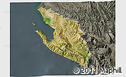 Satellite 3D Map of Vlorë, darken, semi-desaturated