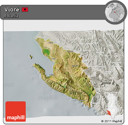 Satellite 3D Map of Vlorë, lighten, semi-desaturated