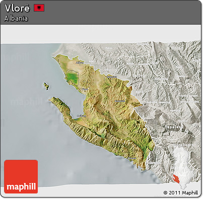 Satellite 3D Map of Vlorë, lighten, semi-desaturated