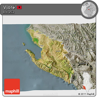 Satellite 3D Map of Vlorë, semi-desaturated