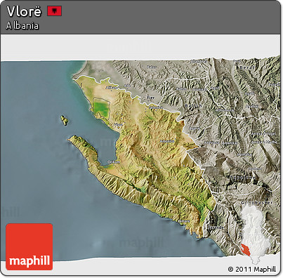 Satellite 3D Map of Vlorë, semi-desaturated