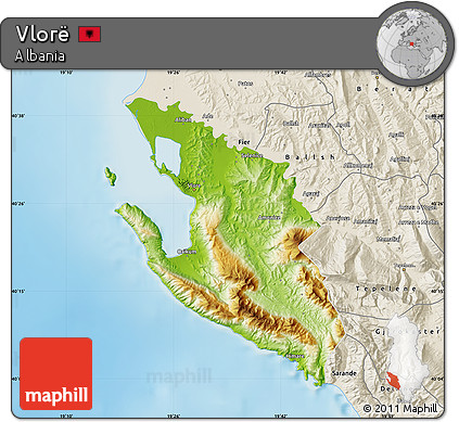 Physical Map of Vlorë, shaded relief outside