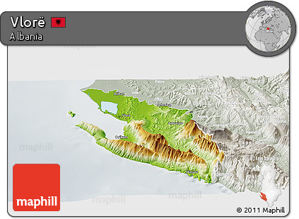 Physical Panoramic Map of Vlorë, lighten, semi-desaturated