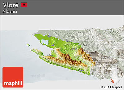 Physical Panoramic Map of Vlorë, lighten, semi-desaturated