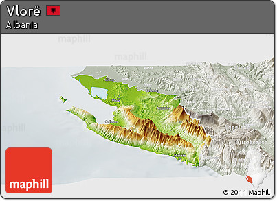 Physical Panoramic Map of Vlorë, lighten, semi-desaturated