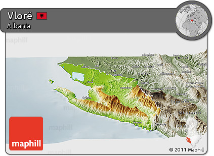 Physical Panoramic Map of Vlorë, semi-desaturated