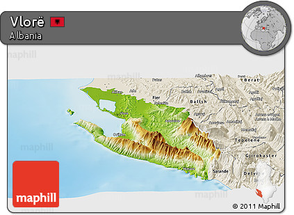 Physical Panoramic Map of Vlorë, shaded relief outside