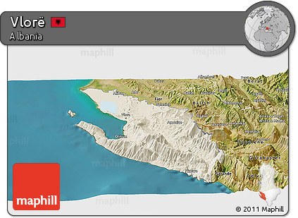 Shaded Relief Panoramic Map of Vlorë, satellite outside