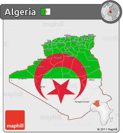 Flag 3D Map of Algeria, flag aligned to the middle