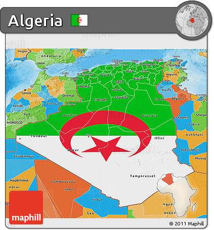 Flag 3D Map of Algeria, political outside, flag rotated
