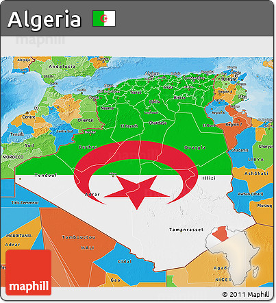 Flag 3D Map of Algeria, political outside, flag rotated