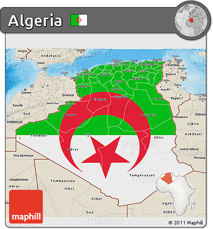 Flag 3D Map of Algeria, shaded relief outside, bathymetry sea, flag aligned to the middle