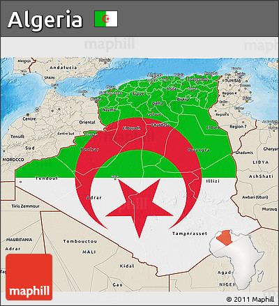 Flag 3D Map of Algeria, shaded relief outside, bathymetry sea, flag aligned to the middle