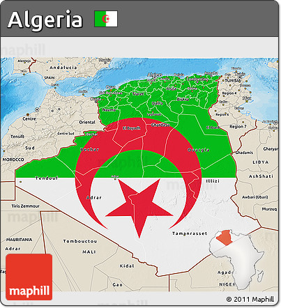 Flag 3D Map of Algeria, shaded relief outside, bathymetry sea, flag aligned to the middle