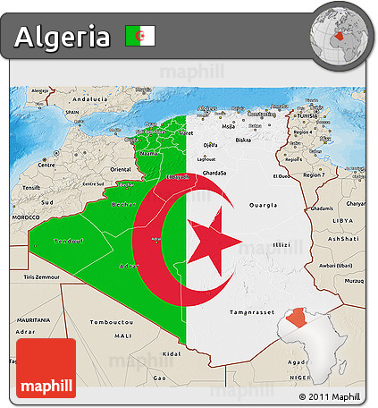 Flag 3D Map of Algeria, shaded relief outside, bathymetry sea