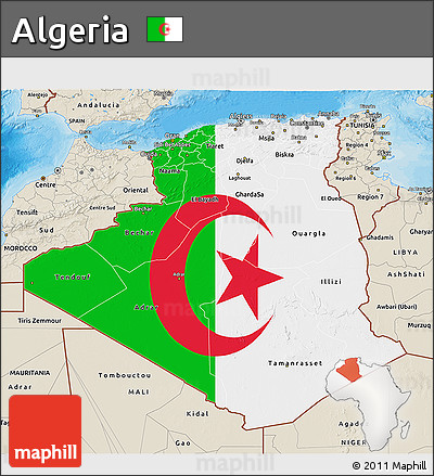 Flag 3D Map of Algeria, shaded relief outside, bathymetry sea