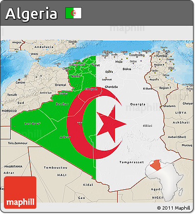 Flag 3D Map of Algeria, shaded relief outside, bathymetry sea