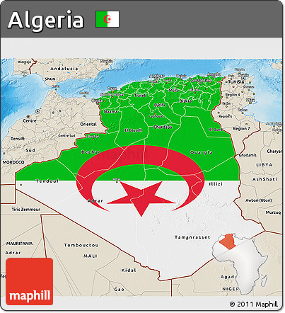 Flag 3D Map of Algeria, shaded relief outside, flag rotated