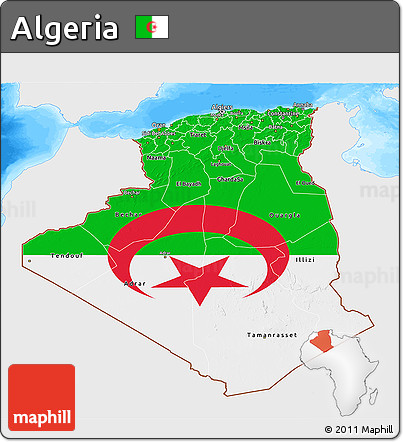Flag 3D Map of Algeria, single color outside, bathymetry sea, flag rotated
