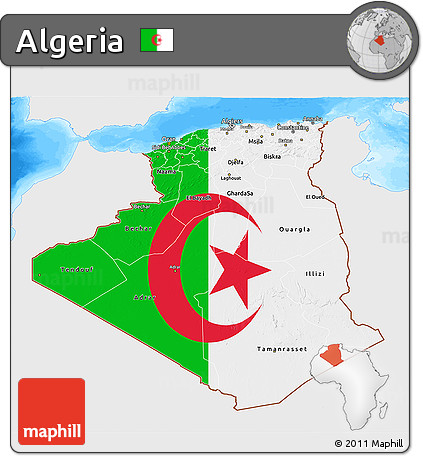 Flag 3D Map of Algeria, single color outside, bathymetry sea