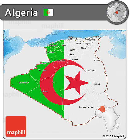 Flag 3D Map of Algeria, single color outside, bathymetry sea, shaded relief sea, flag centered