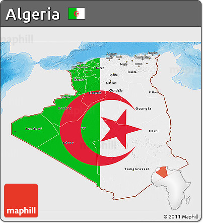 Flag 3D Map of Algeria, single color outside, bathymetry sea, shaded relief sea, flag centered
