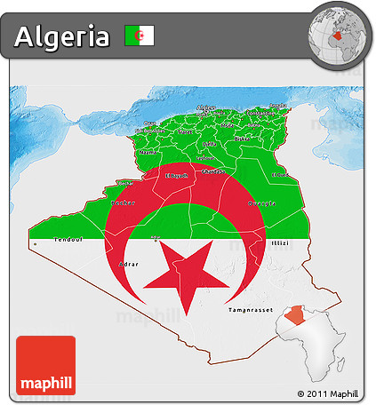 Flag 3D Map of Algeria, single color outside, bathymetry sea, shaded relief sea, flag aligned to the middle