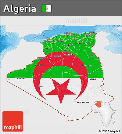 Flag 3D Map of Algeria, single color outside, bathymetry sea, shaded relief sea, flag aligned to the middle
