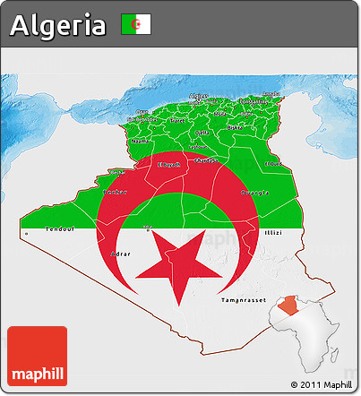Flag 3D Map of Algeria, single color outside, bathymetry sea, shaded relief sea, flag aligned to the middle