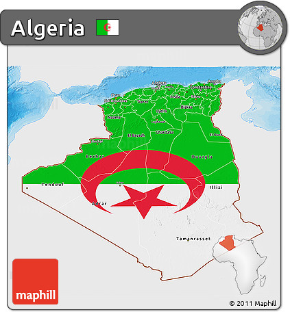 Flag 3D Map of Algeria, single color outside, bathymetry sea, shaded relief sea, flag rotated