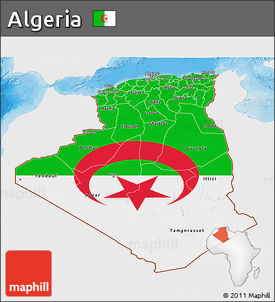 Flag 3D Map of Algeria, single color outside, bathymetry sea, shaded relief sea, flag rotated