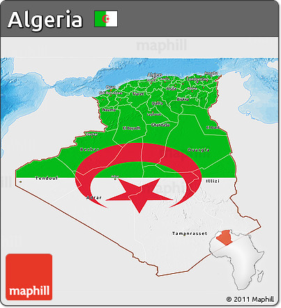 Flag 3D Map of Algeria, single color outside, bathymetry sea, shaded relief sea, flag rotated