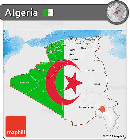 Flag 3D Map of Algeria, single color outside, bathymetry sea, shaded relief sea