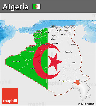 Flag 3D Map of Algeria, single color outside, bathymetry sea, shaded relief sea