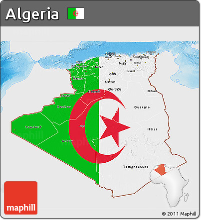 Flag 3D Map of Algeria, single color outside, shaded relief sea