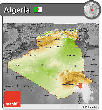 Physical 3D Map of Algeria, darken, desaturated