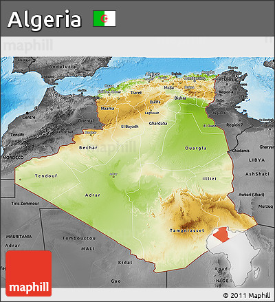 Physical 3D Map of Algeria, darken, desaturated, land only