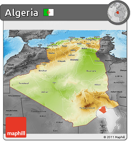 Physical 3D Map of Algeria, darken, desaturated, land only