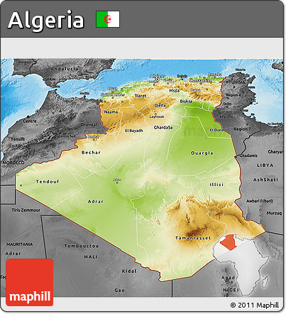 Physical 3D Map of Algeria, darken, desaturated, land only