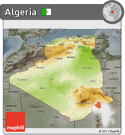 Physical 3D Map of Algeria, darken, semi-desaturated