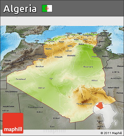 Physical 3D Map of Algeria, darken, semi-desaturated, land only