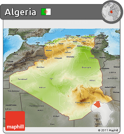Physical 3D Map of Algeria, darken, semi-desaturated, land only