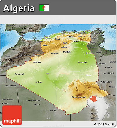 Physical 3D Map of Algeria, darken, semi-desaturated, land only