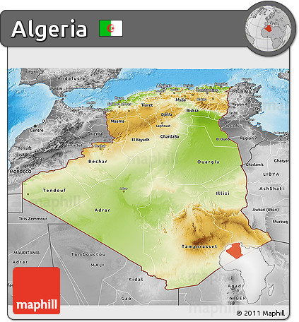 Physical 3D Map of Algeria, desaturated, land only