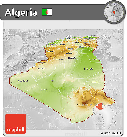 Physical 3D Map of Algeria, lighten, desaturated
