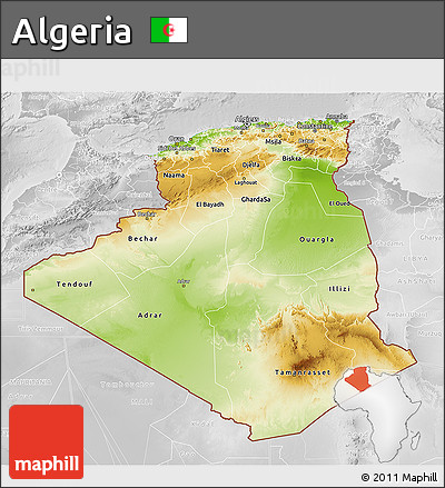 Physical 3D Map of Algeria, lighten, desaturated