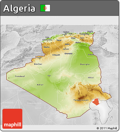 Physical 3D Map of Algeria, lighten, desaturated