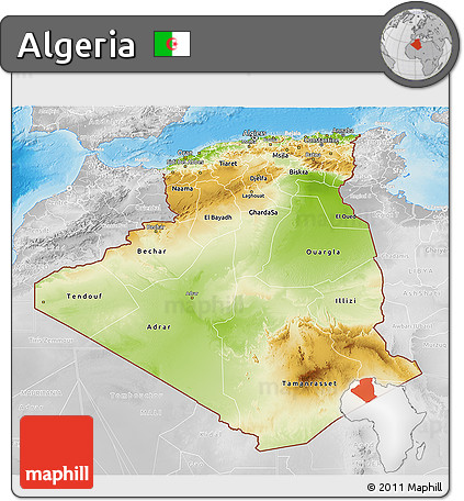 Physical 3D Map of Algeria, lighten, desaturated, land only