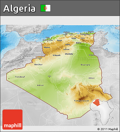 Physical 3D Map of Algeria, lighten, desaturated, land only